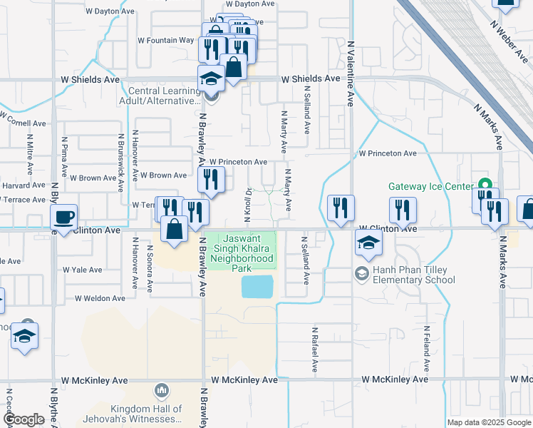 map of restaurants, bars, coffee shops, grocery stores, and more near 3626 West Terrace Avenue in Fresno