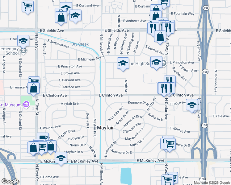 map of restaurants, bars, coffee shops, grocery stores, and more near 3813 E Clinton Ave in Fresno