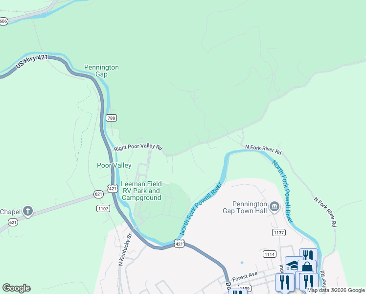 map of restaurants, bars, coffee shops, grocery stores, and more near State Route 621 in Pennington Gap