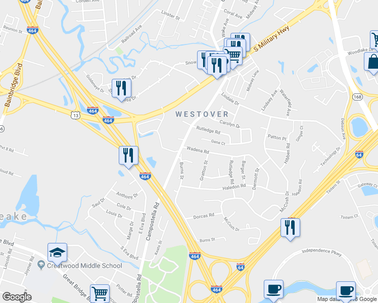 map of restaurants, bars, coffee shops, grocery stores, and more near 803 Wadena Road in Chesapeake