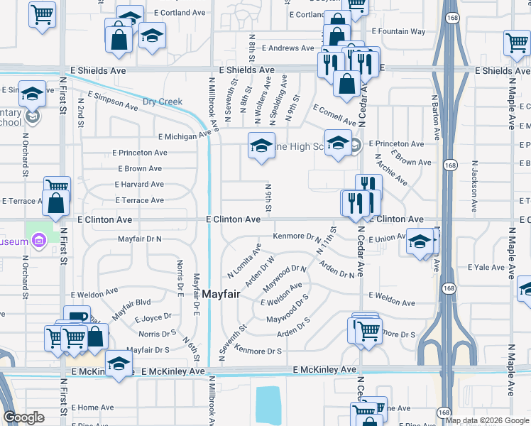 map of restaurants, bars, coffee shops, grocery stores, and more near 3875 North 9th Street in Fresno