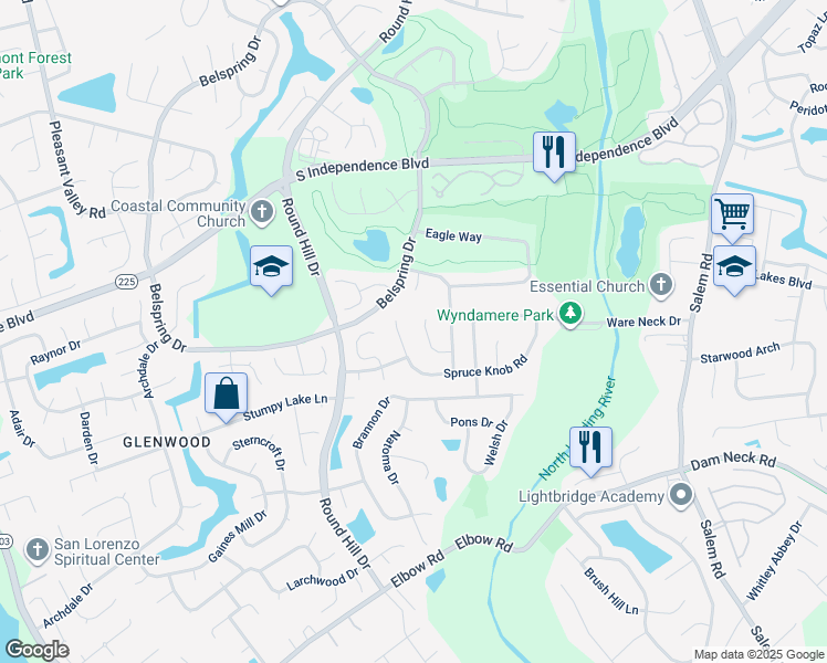 map of restaurants, bars, coffee shops, grocery stores, and more near 4292 Spruce Knob Road in Virginia Beach