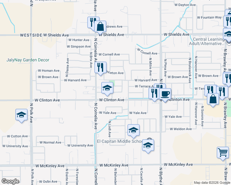 map of restaurants, bars, coffee shops, grocery stores, and more near 4643 West Providence Avenue in Fresno