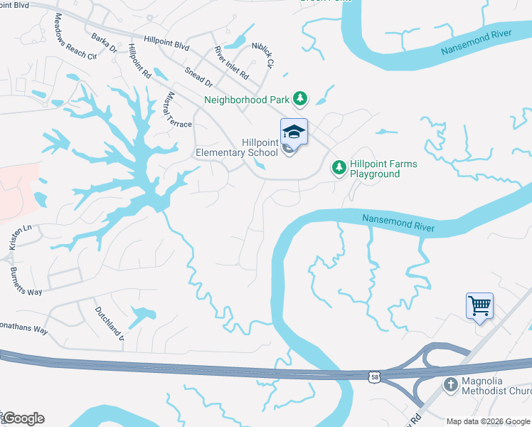 map of restaurants, bars, coffee shops, grocery stores, and more near 2643 River watch Drive in Suffolk