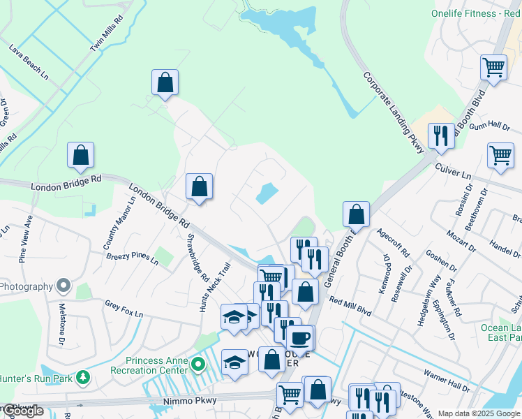 map of restaurants, bars, coffee shops, grocery stores, and more near 2124 Weybridge Drive in Virginia Beach