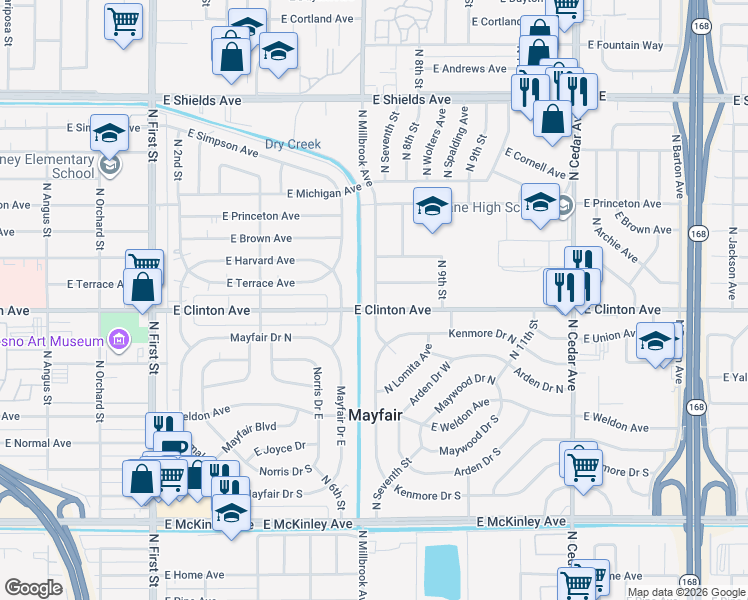 map of restaurants, bars, coffee shops, grocery stores, and more near 2411 North Millbrook Avenue in Fresno