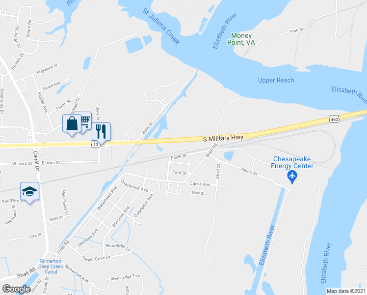 map of restaurants, bars, coffee shops, grocery stores, and more near 2832 South Military Highway in Chesapeake