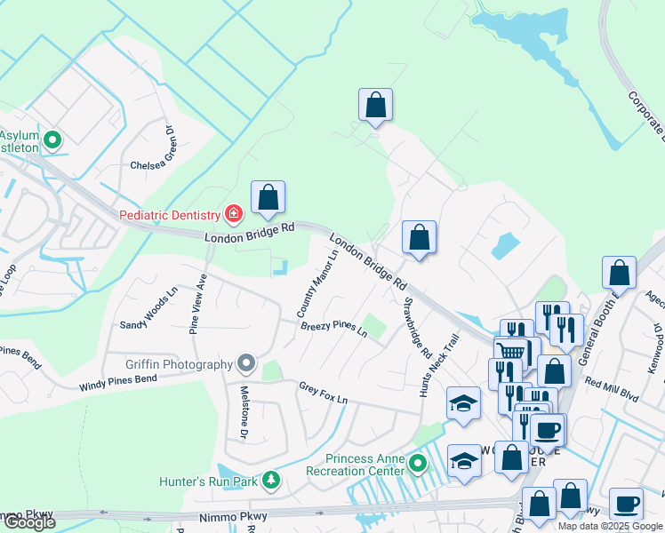 map of restaurants, bars, coffee shops, grocery stores, and more near 1912 Country Manor Lane in Virginia Beach
