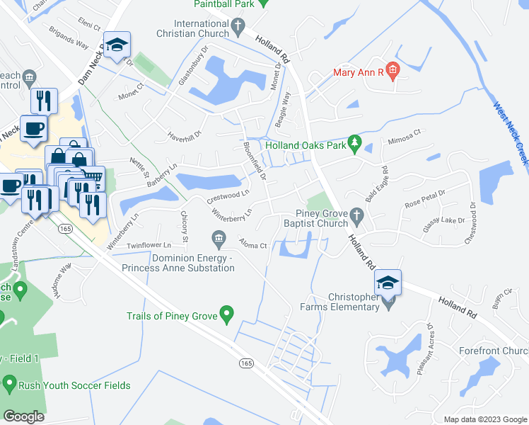 map of restaurants, bars, coffee shops, grocery stores, and more near 3104 Damascus Trail in Virginia Beach