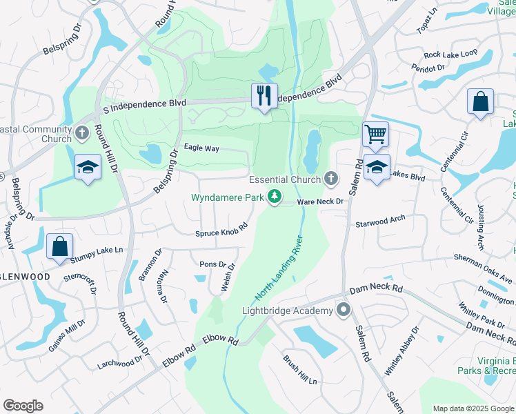 map of restaurants, bars, coffee shops, grocery stores, and more near 4109 Spruce Knob Road in Virginia Beach