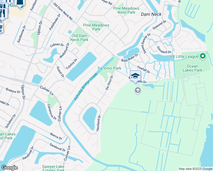 map of restaurants, bars, coffee shops, grocery stores, and more near 1749 Da Vinci Drive in Virginia Beach