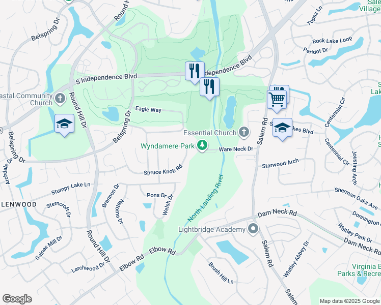 map of restaurants, bars, coffee shops, grocery stores, and more near 4109 Spruce Knob Road in Virginia Beach