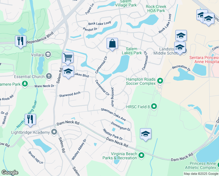map of restaurants, bars, coffee shops, grocery stores, and more near 2005 Icon Court in Virginia Beach