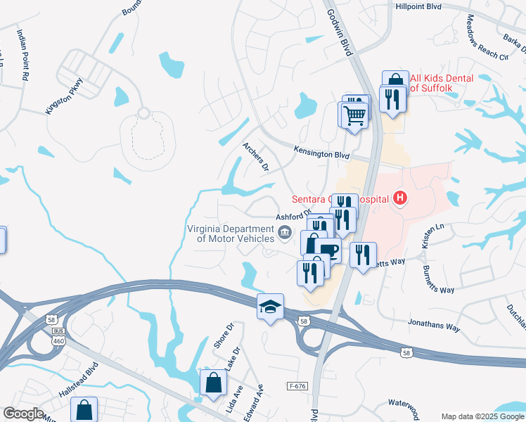 map of restaurants, bars, coffee shops, grocery stores, and more near 145 Ashford Drive in Suffolk
