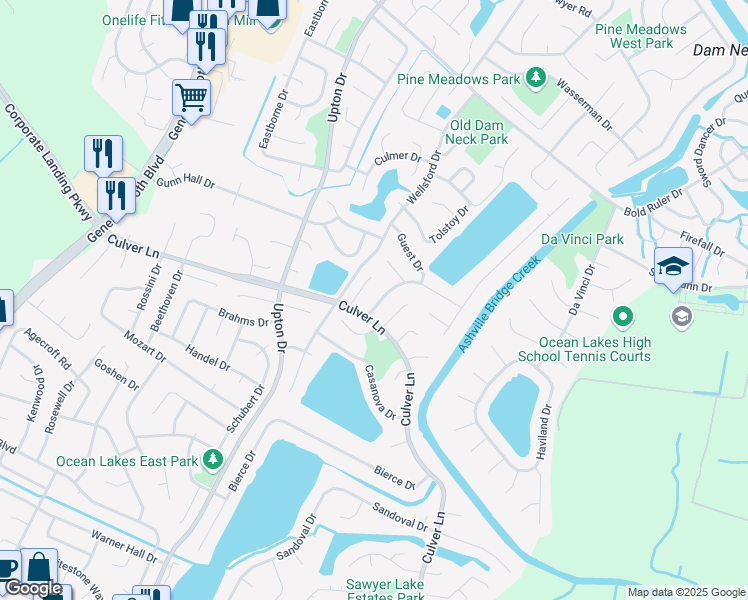 map of restaurants, bars, coffee shops, grocery stores, and more near 1889 Gershwin Drive in Virginia Beach