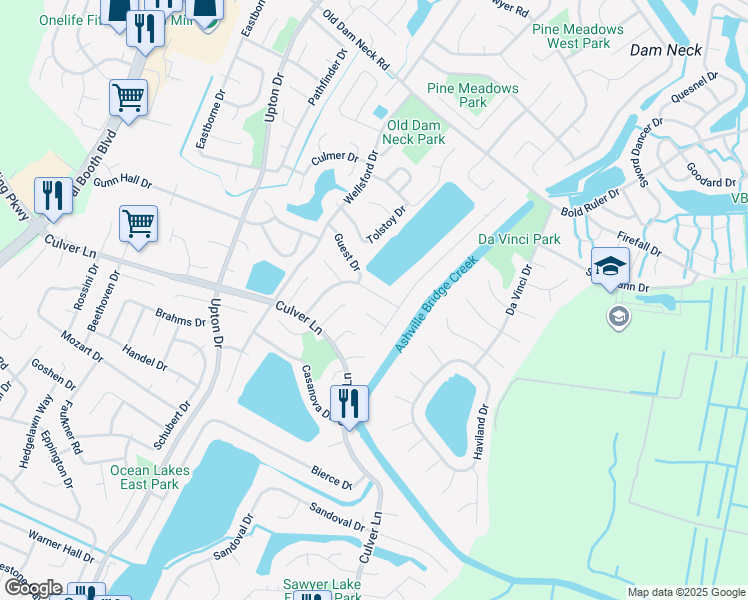 map of restaurants, bars, coffee shops, grocery stores, and more near 1820 Gershwin Dr in Virginia Beach