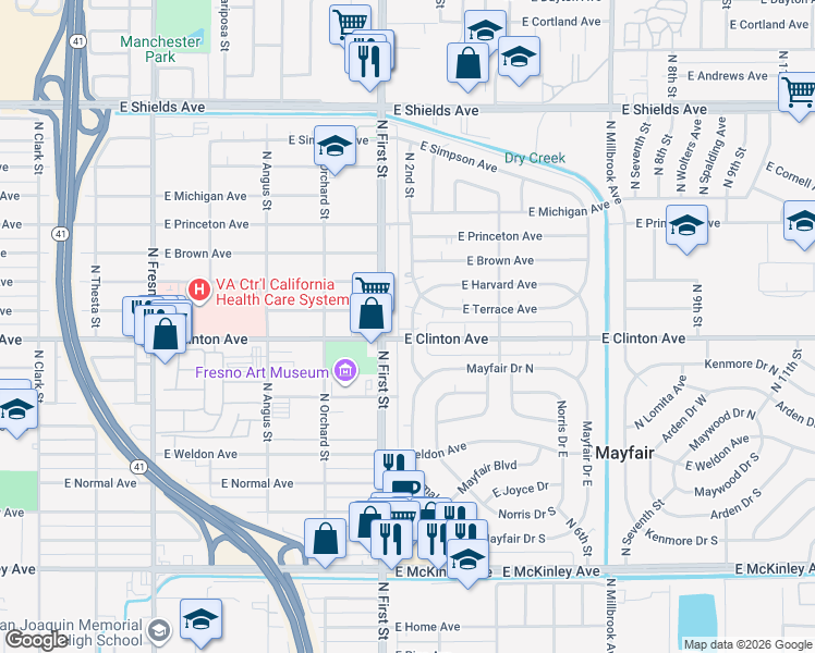 map of restaurants, bars, coffee shops, grocery stores, and more near 3109 East Clinton Avenue in Fresno