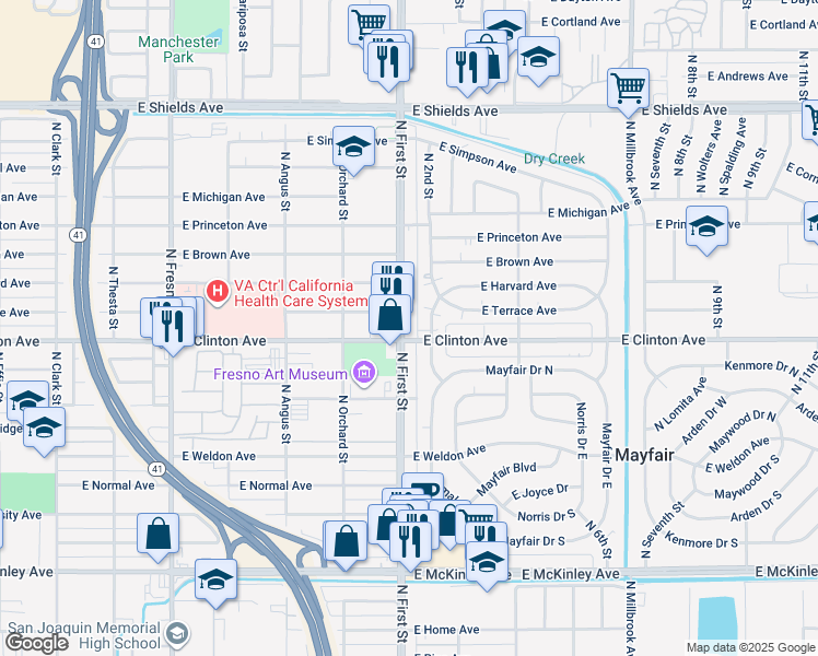 map of restaurants, bars, coffee shops, grocery stores, and more near 3109 East Clinton Avenue in Fresno