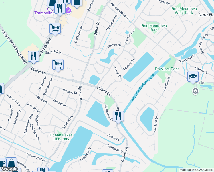 map of restaurants, bars, coffee shops, grocery stores, and more near 1889 Gershwin Drive in Virginia Beach