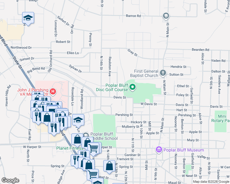 map of restaurants, bars, coffee shops, grocery stores, and more near 1305 Davis Street in Poplar Bluff