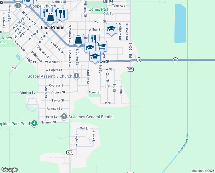 map of restaurants, bars, coffee shops, grocery stores, and more near 400 2nd Street in East Prairie