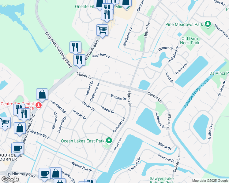 map of restaurants, bars, coffee shops, grocery stores, and more near 1229 Mendelssohn Court in Virginia Beach