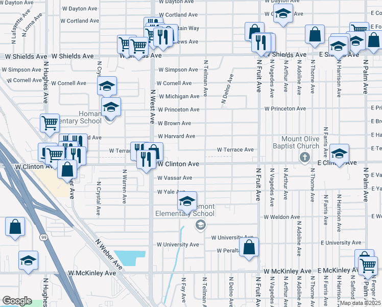 map of restaurants, bars, coffee shops, grocery stores, and more near 1009 West Terrace Avenue in Fresno
