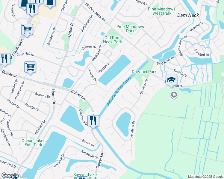 map of restaurants, bars, coffee shops, grocery stores, and more near 1860 Bernstein Drive in Virginia Beach