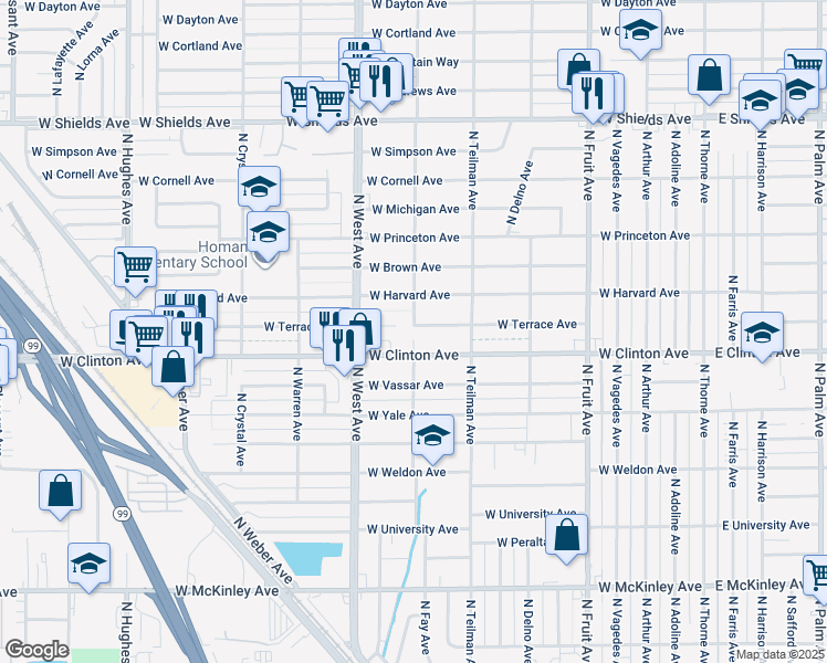 map of restaurants, bars, coffee shops, grocery stores, and more near 1103 West Terrace Avenue in Fresno