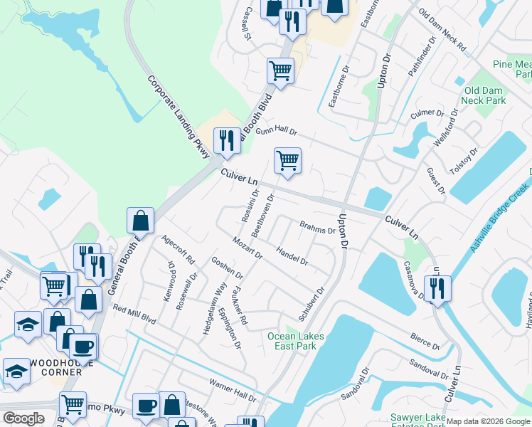 map of restaurants, bars, coffee shops, grocery stores, and more near 1924 Beethoven Drive in Virginia Beach