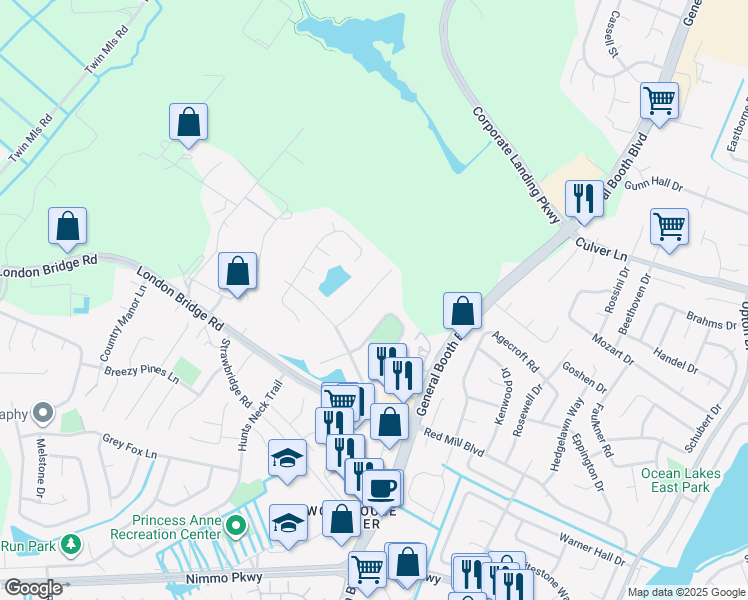 map of restaurants, bars, coffee shops, grocery stores, and more near 1892 Lewisham Way in Virginia Beach