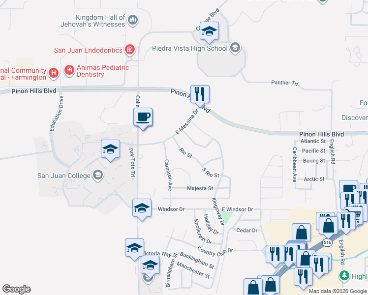 map of restaurants, bars, coffee shops, grocery stores, and more near 4906 Rio Street in Farmington
