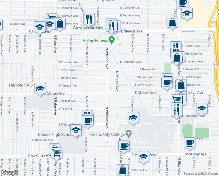 map of restaurants, bars, coffee shops, grocery stores, and more near 827 East Clinton Avenue in Fresno