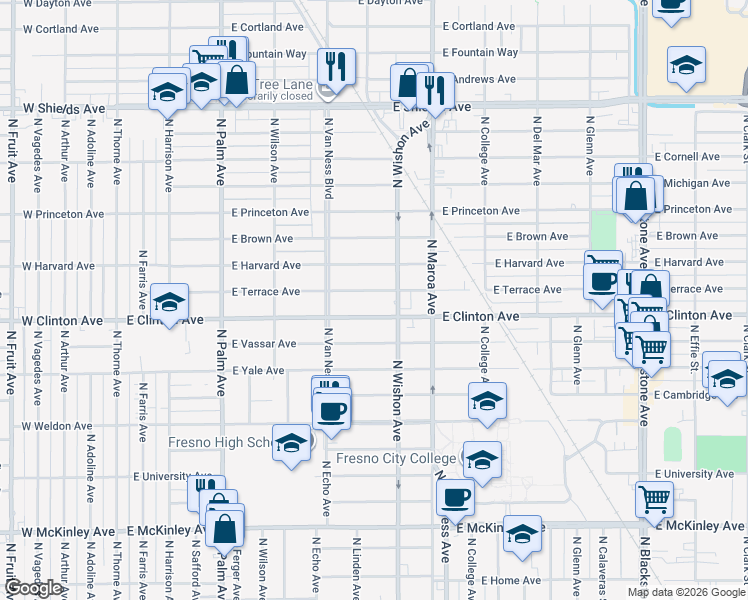 map of restaurants, bars, coffee shops, grocery stores, and more near 729 East Clinton Avenue in Fresno