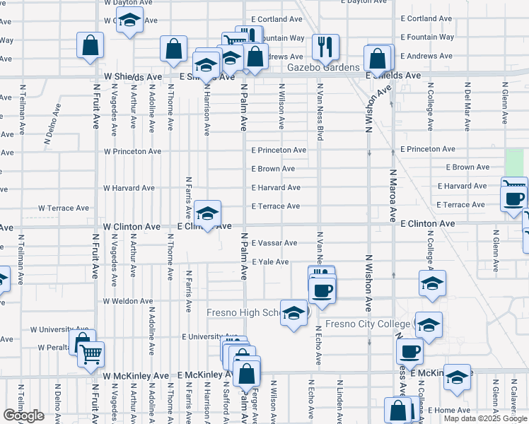 map of restaurants, bars, coffee shops, grocery stores, and more near 325 East Clinton Avenue in Fresno
