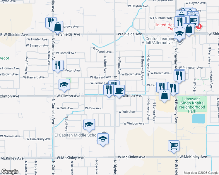 map of restaurants, bars, coffee shops, grocery stores, and more near 2432 North Mitre Avenue in Fresno