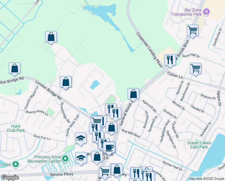 map of restaurants, bars, coffee shops, grocery stores, and more near 1892 Lewisham Way in Virginia Beach