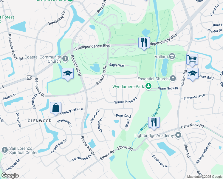 map of restaurants, bars, coffee shops, grocery stores, and more near 2125 Eagle Rock Road in Virginia Beach