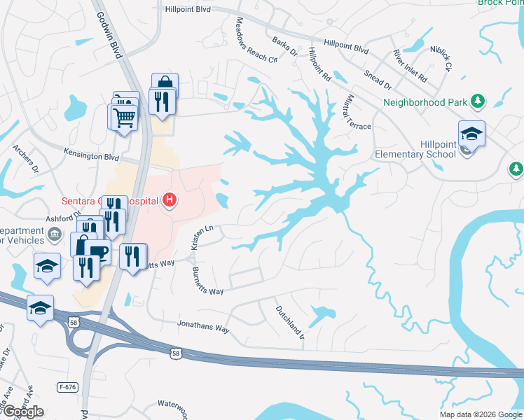 map of restaurants, bars, coffee shops, grocery stores, and more near 160 Kristen Lane in Suffolk