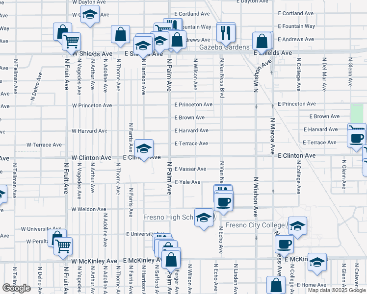 map of restaurants, bars, coffee shops, grocery stores, and more near 325 East Clinton Avenue in Fresno