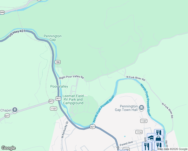 map of restaurants, bars, coffee shops, grocery stores, and more near State Route 621 in Pennington Gap