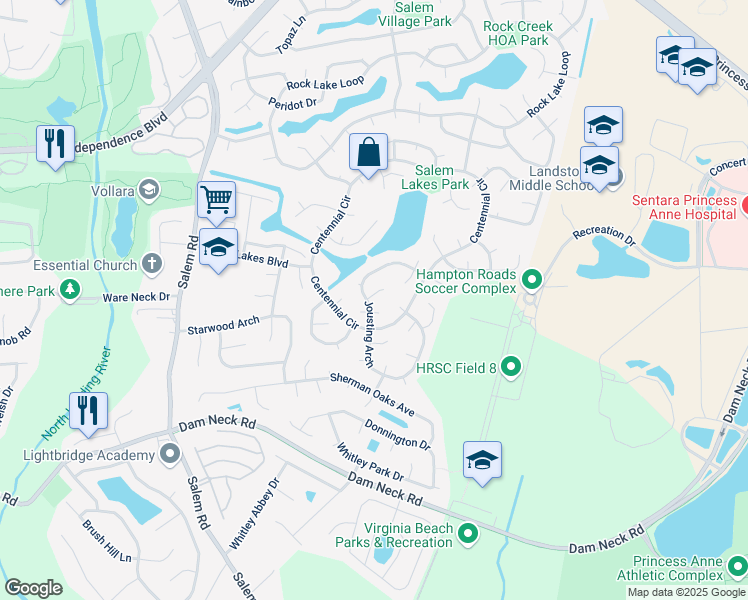 map of restaurants, bars, coffee shops, grocery stores, and more near 3881 Jousting Arch in Virginia Beach