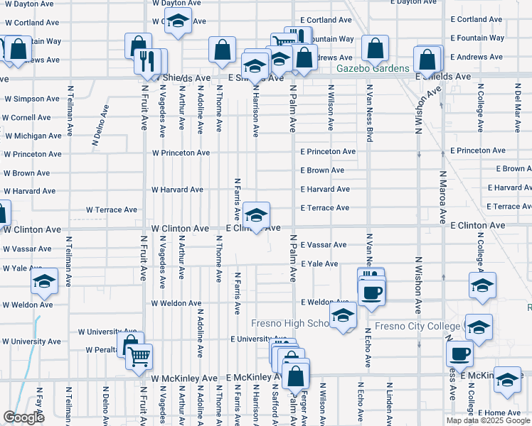 map of restaurants, bars, coffee shops, grocery stores, and more near 130 East Terrace Avenue in Fresno