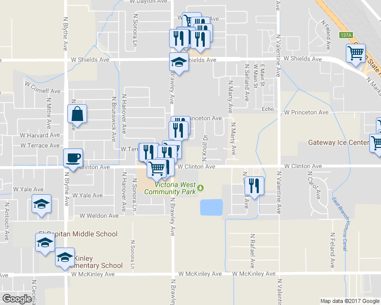 map of restaurants, bars, coffee shops, grocery stores, and more near 3732 West Clinton Avenue in Fresno
