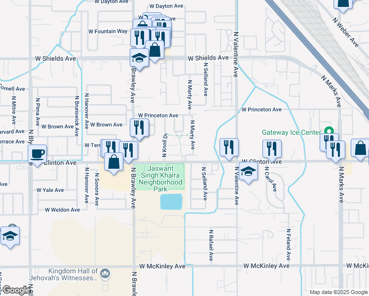 map of restaurants, bars, coffee shops, grocery stores, and more near 3574 West Terrace Avenue in Fresno