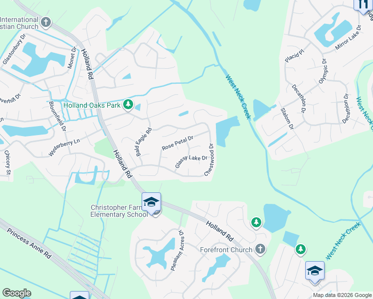 map of restaurants, bars, coffee shops, grocery stores, and more near 2805 Densewoods Lane in Virginia Beach