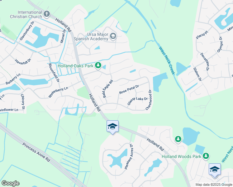 map of restaurants, bars, coffee shops, grocery stores, and more near 1768 Rose Petal Drive in Virginia Beach