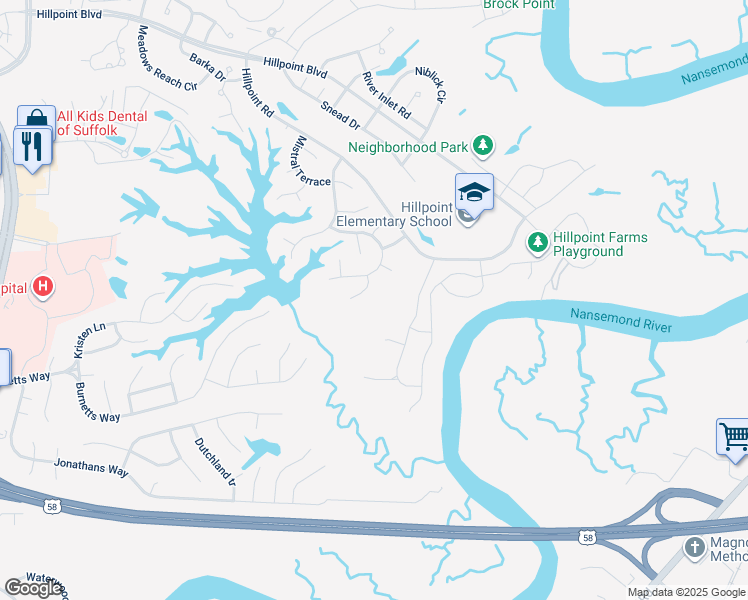 map of restaurants, bars, coffee shops, grocery stores, and more near 107 Windsor Court in Suffolk