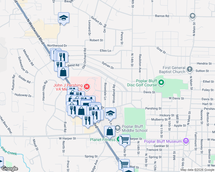 map of restaurants, bars, coffee shops, grocery stores, and more near 1701 Memorial Drive in Poplar Bluff