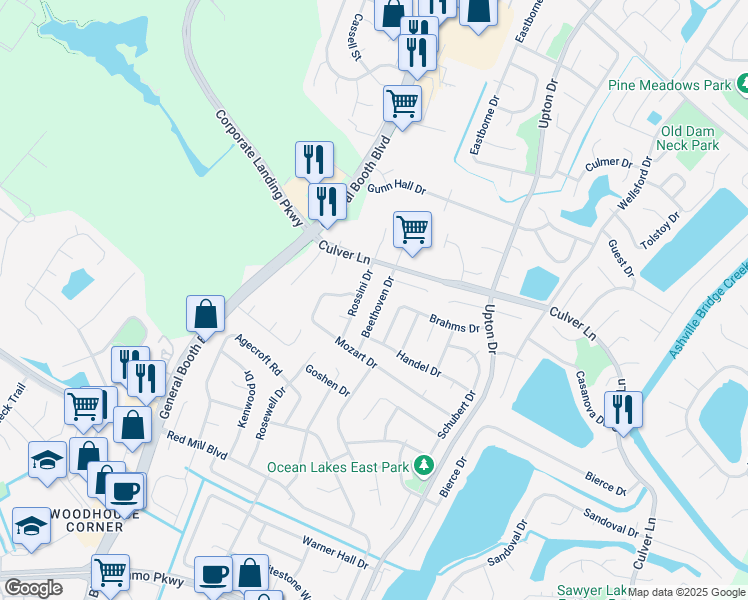 map of restaurants, bars, coffee shops, grocery stores, and more near 1921 Beethoven Drive in Virginia Beach